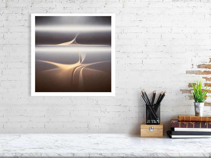 Golden Lumina - Veil Of Light by Lucas Vale – Giclée Print, 95cm x 98cm, 37.4in x 38.6in, Print Only, placed above a sleek desk in a modern workspace