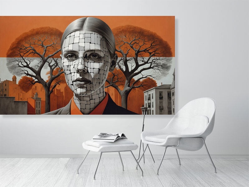 Fragments Of The Orange Labyrinth - Roots Of Identity by Marina Sable – Giclée Print, 50cm x 50cm, 19.7in x 19.7in, Print Only, placed above a sleek desk in a modern workspace