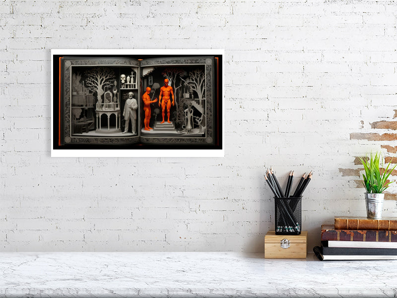 Fragments Of The Orange Labyrinth - Anatomical Eden by Marina Sable – Giclée Print, 40cm x 60cm, 15.8in x 23.6in, Oak Frame, placed above a sleek desk in a modern workspace