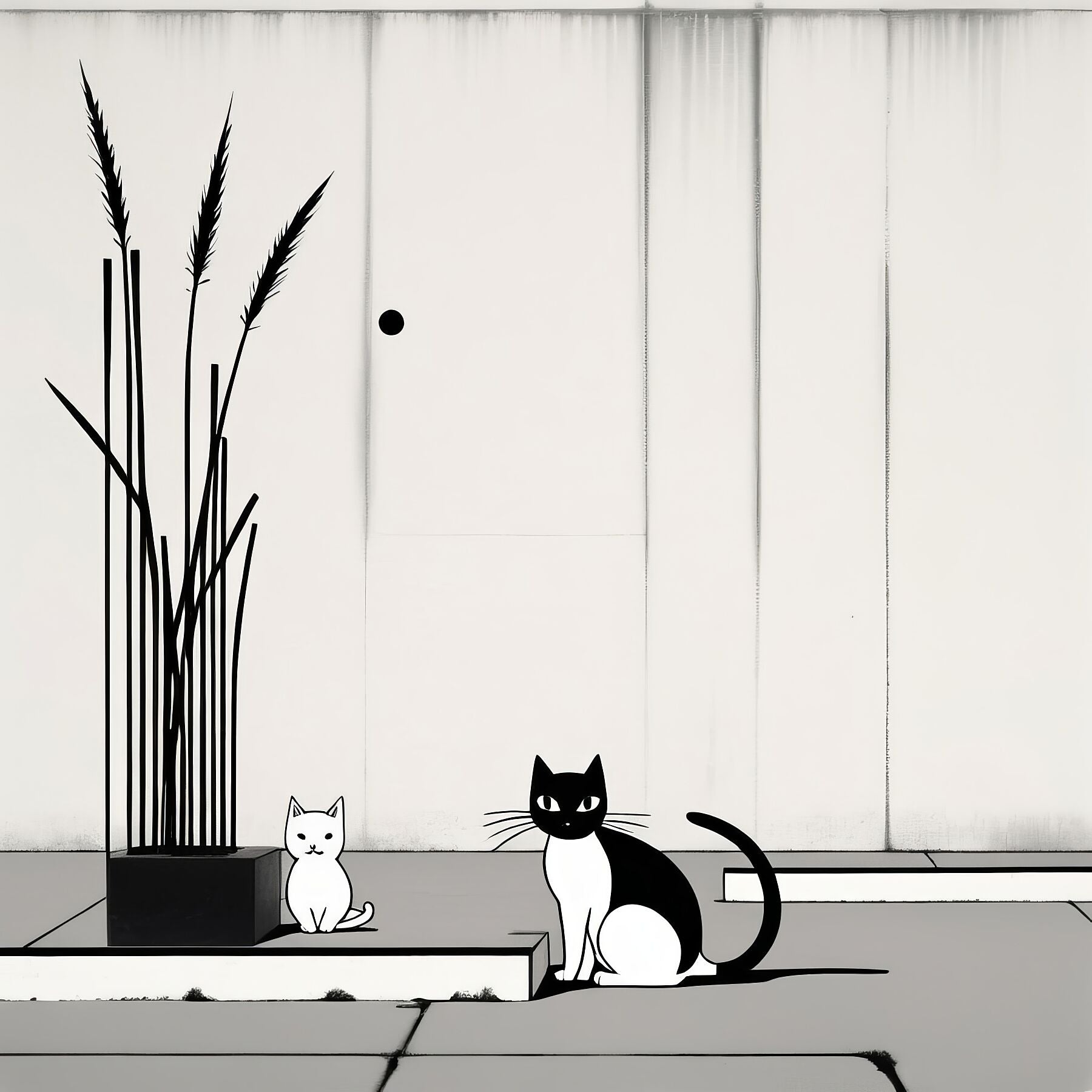 The Tale Of A Cat - Pt 1 - Companions In Stillness by Elena Selene – Giclée Print, 40cm x 61cm, 15.9in x 24.0in, Print Only, placed above a sleek desk in a modern workspace