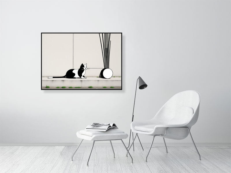 The Tale Of A Cat - Pt 1 - Linear Curiosity by Elena Selene – Giclée Print, 70cm x 100cm, 27.6in x 39.4in, Black Frame, placed above a sleek desk in a modern workspace