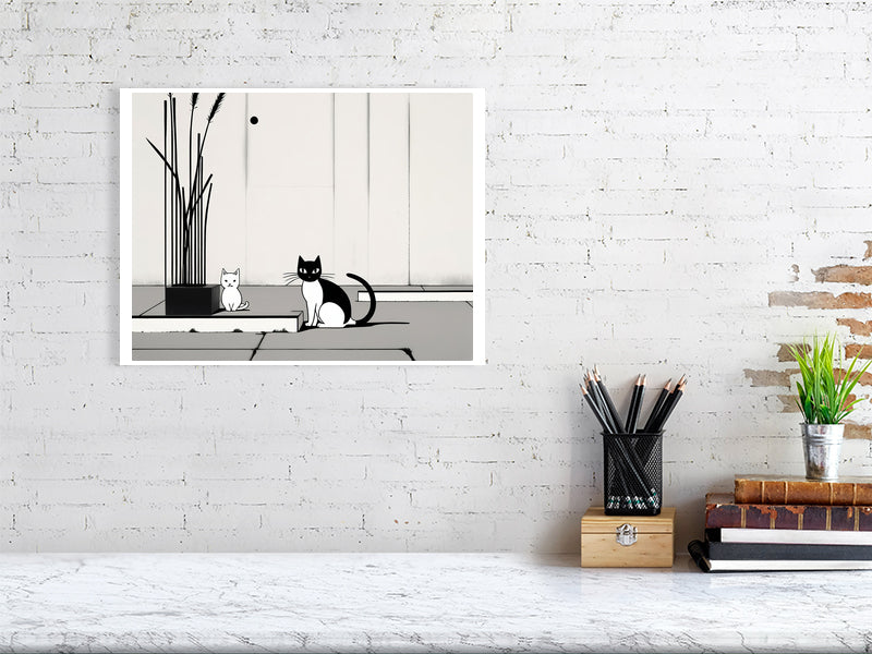 The Tale Of A Cat - Pt 1 - Companions In Stillness by Elena Selene – Giclée Print, 60cm x 83cm, 23.8in x 32.7in, Print Only, placed above a sleek desk in a modern workspace