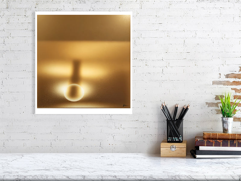 Golden Lumina - Radiant Horizon by Lucas Vale – Giclée Print, 152cm x 152cm, 60.0in x 60.0in, Print Only, placed above a sleek desk in a modern workspace
