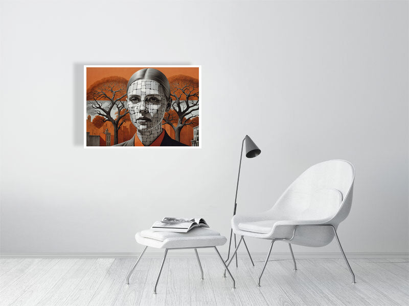 Fragments Of The Orange Labyrinth - Roots Of Identity by Marina Sable – Giclée Print, 30cm x 53cm, 11.8in x 21.0in, Print Only, placed above a sleek desk in a modern workspace