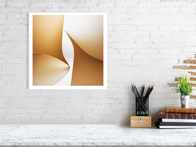 Golden Lumina - Golden Aperture by Lucas Vale – Giclée Print, 95cm x 98cm, 37.4in x 38.6in, Print Only, placed above a sleek desk in a modern workspace