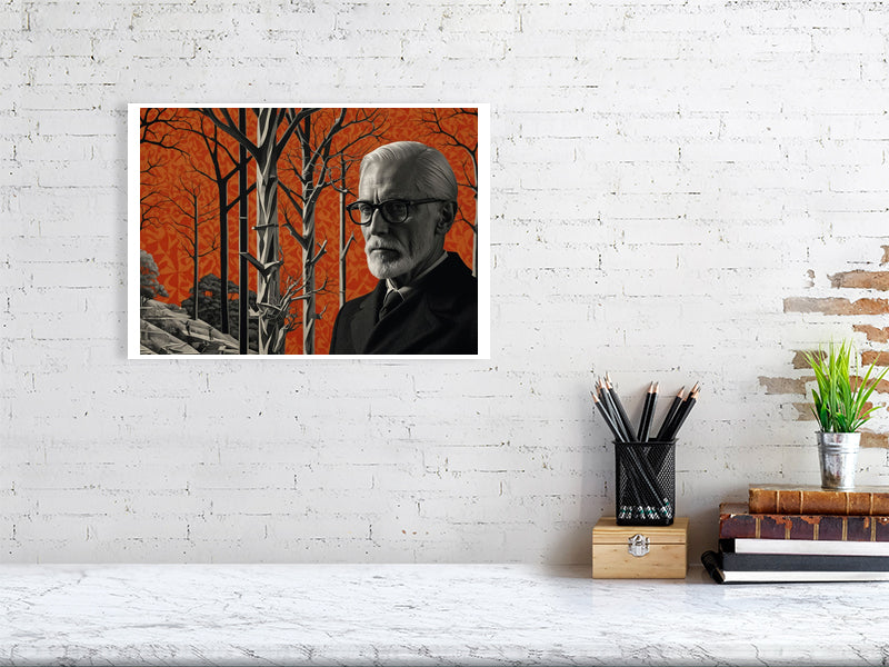 Fragments Of The Orange Labyrinth - The Watchful Grove by Marina Sable – Giclée Print, 59cm x 84cm, 23.4in x 33.1in, Print Only, placed above a sleek desk in a modern workspace