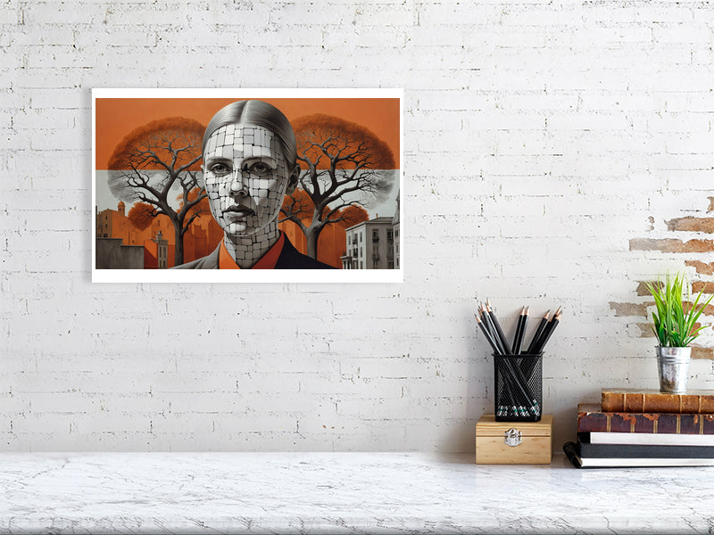 Fragments Of The Orange Labyrinth - Roots Of Identity by Marina Sable – Giclée Print, 30cm x 45cm, 11.8in x 17.7in, Black Frame, placed above a sleek desk in a modern workspace