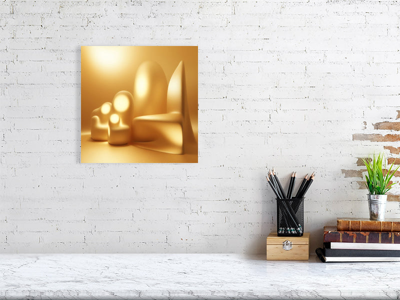 Golden Lumina - Luminous Haven by Lucas Vale – Giclée Print, 50cm x 50cm, 19.7in x 19.7in, Black Frame, placed above a sleek desk in a modern workspace