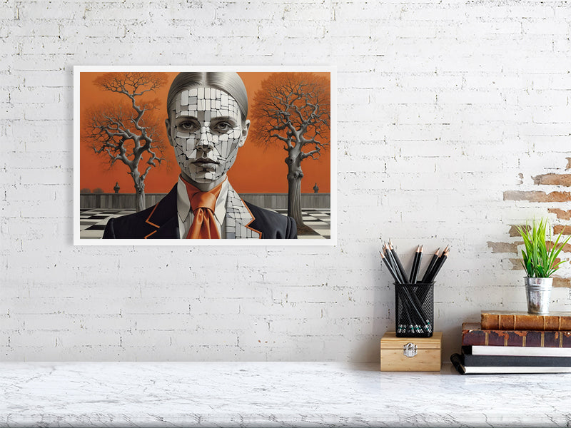 Fragments Of The Orange Labyrinth - Shattered Identity by Marina Sable – Giclée Print, 40cm x 60cm, 15.8in x 23.6in, Print Only, placed above a sleek desk in a modern workspace