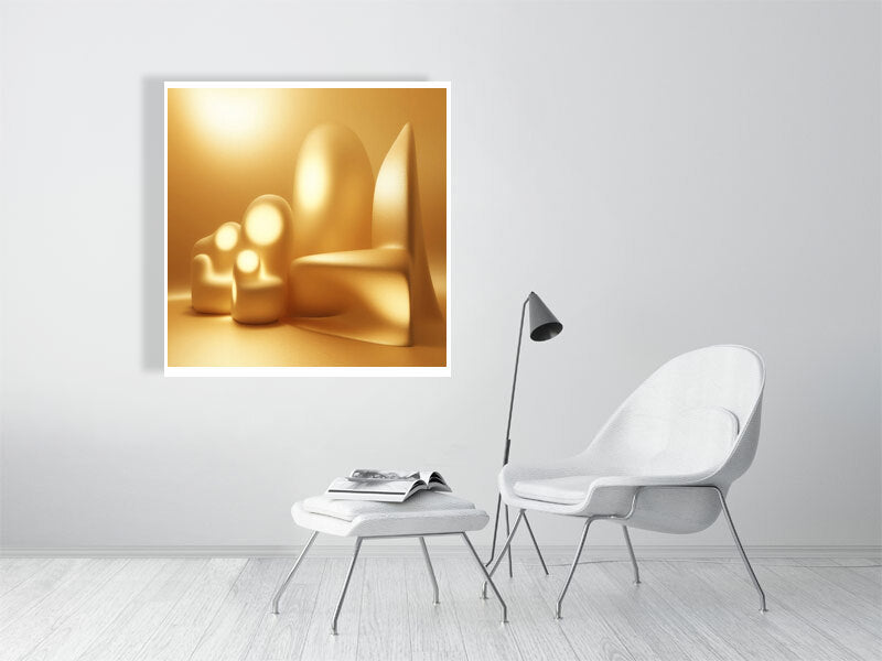 Golden Lumina - Luminous Haven by Lucas Vale – Giclée Print, 40cm x 40cm, 15.8in x 15.8in, Print Only, placed above a sleek desk in a modern workspace