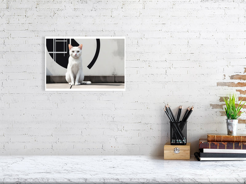 The Tale Of A Cat - Pt 1 - Gaze Of Simplicity by Elena Selene – Giclée Print, 63cm x 87cm, 25.0in x 34.3in, Print Only, placed above a sleek desk in a modern workspace