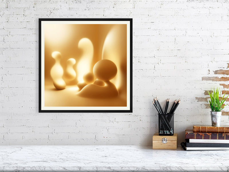 Golden Lumina - Golden Echoes by Lucas Vale – Giclée Print, 50cm x 50cm, 19.7in x 19.7in, Black Frame, placed above a sleek desk in a modern workspace