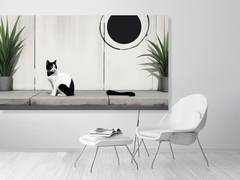 The Tale Of A Cat - Pt 1 - Quiet Patterns by Elena Selene – Giclée Print, 50cm x 50cm, 19.7in x 19.7in, Print Only, placed above a sleek desk in a modern workspace