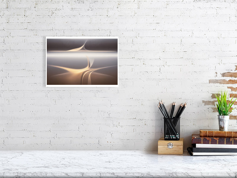 Golden Lumina - Veil Of Light by Lucas Vale – Giclée Print, 31cm x 41cm, 12.1in x 16.1in, Print Only, placed above a sleek desk in a modern workspace