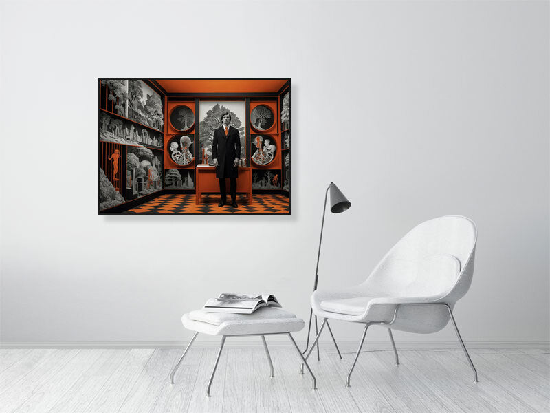 Fragments Of The Orange Labyrinth - Harbinger'S Study by Marina Sable – Giclée Print, 94cm x 167cm, 36.9in x 65.7in, Print Only, placed above a sleek desk in a modern workspace