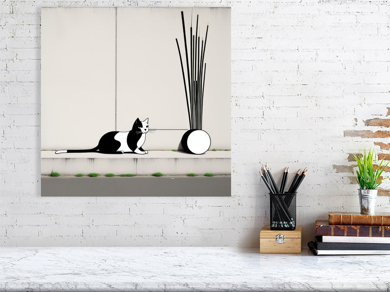 The Tale Of A Cat - Pt 1 - Linear Curiosity by Elena Selene – Giclée Print, 40cm x 40cm, 15.8in x 15.8in, Oak Frame, placed above a sleek desk in a modern workspace