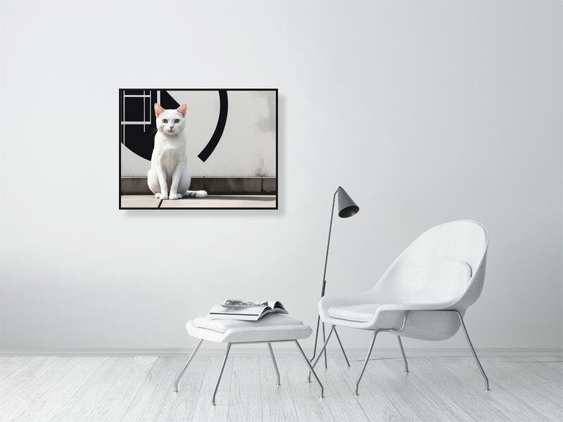 The Tale Of A Cat - Pt 1 - Gaze Of Simplicity by Elena Selene – Giclée Print, 28cm x 46cm, 11.1in x 18.2in, Print Only, placed above a sleek desk in a modern workspace