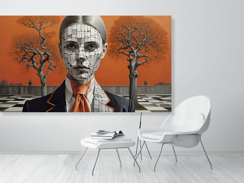 Fragments Of The Orange Labyrinth - Shattered Identity by Marina Sable – Giclée Print, 50cm x 50cm, 19.7in x 19.7in, Print Only, placed above a sleek desk in a modern workspace