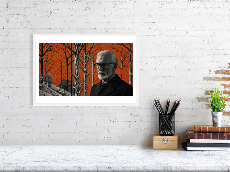 Fragments Of The Orange Labyrinth - The Watchful Grove by Marina Sable – Giclée Print, 40cm x 60cm, 15.8in x 23.6in, Print Only, placed above a sleek desk in a modern workspace