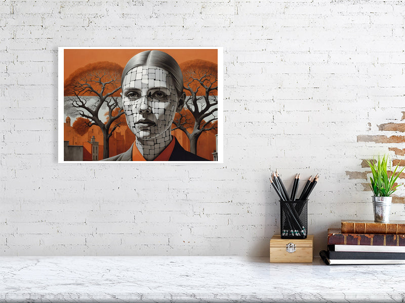 Fragments Of The Orange Labyrinth - Roots Of Identity by Marina Sable – Giclée Print, 59cm x 84cm, 23.4in x 33.1in, Print Only, placed above a sleek desk in a modern workspace