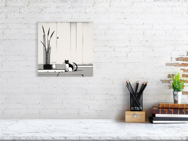 The Tale Of A Cat - Pt 1 - Companions In Stillness by Elena Selene – Giclée Print, 50cm x 50cm, 19.7in x 19.7in, Print Only, placed above a sleek desk in a modern workspace