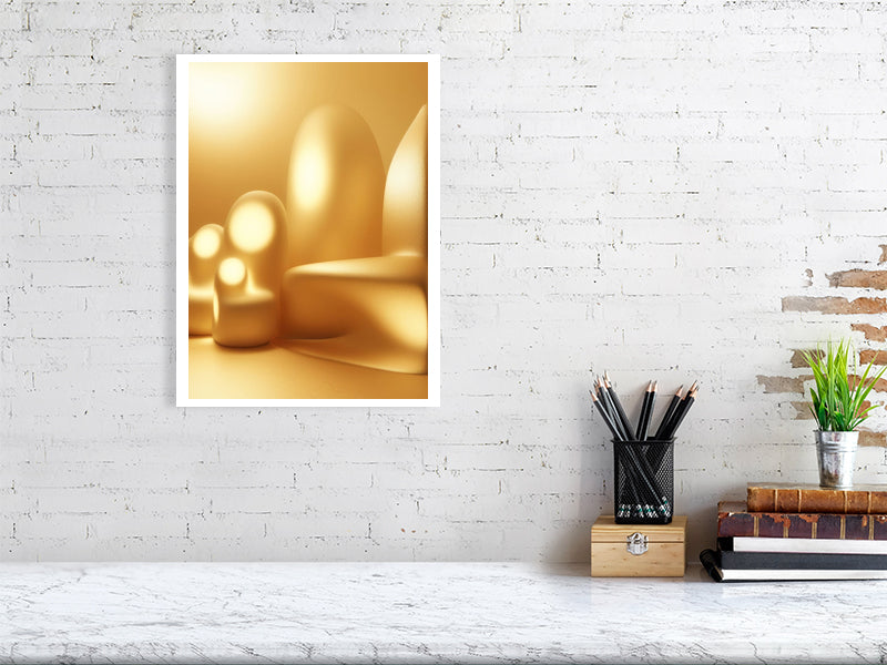 Golden Lumina - Luminous Haven by Lucas Vale – Giclée Print, 60cm x 83cm, 23.8in x 32.7in, Print Only, placed above a sleek desk in a modern workspace