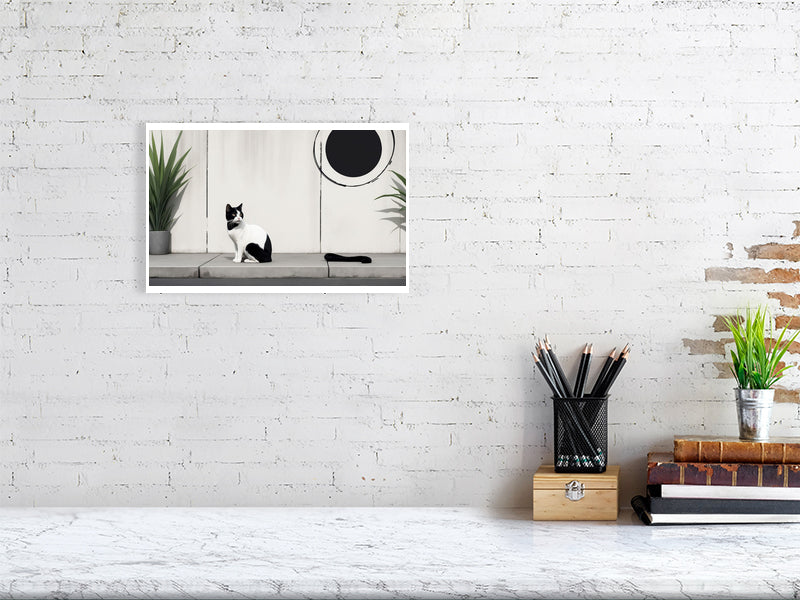 The Tale Of A Cat - Pt 1 - Quiet Patterns by Elena Selene – Giclée Print, 59cm x 84cm, 23.4in x 33.1in, Print Only, placed above a sleek desk in a modern workspace