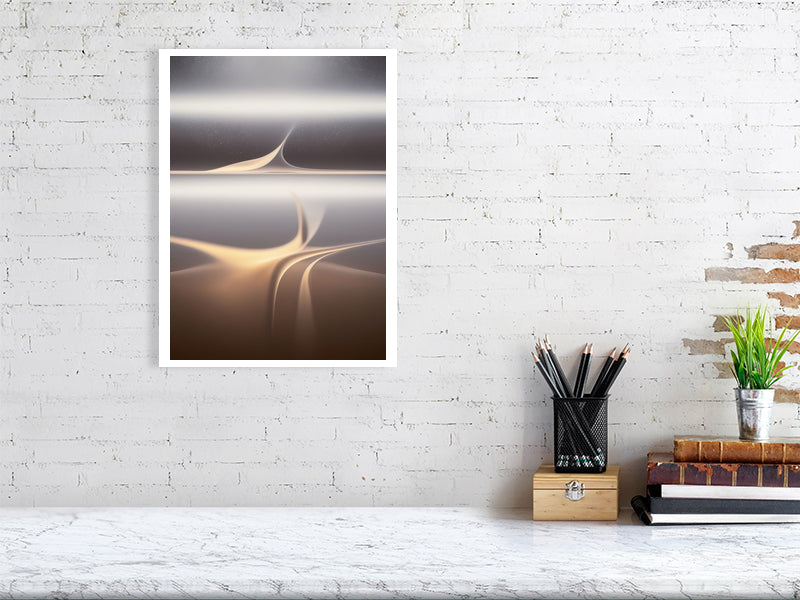 Golden Lumina - Veil Of Light by Lucas Vale – Giclée Print, 60cm x 83cm, 23.8in x 32.7in, Print Only, placed above a sleek desk in a modern workspace