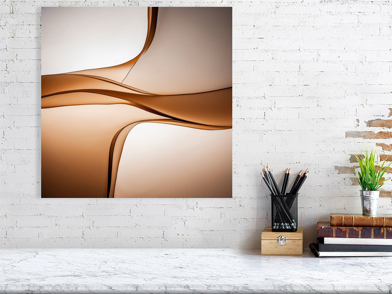 Golden Lumina - Sepia Flow by Lucas Vale – Giclée Print, 40cm x 40cm, 15.8in x 15.8in, Black Frame, placed above a sleek desk in a modern workspace