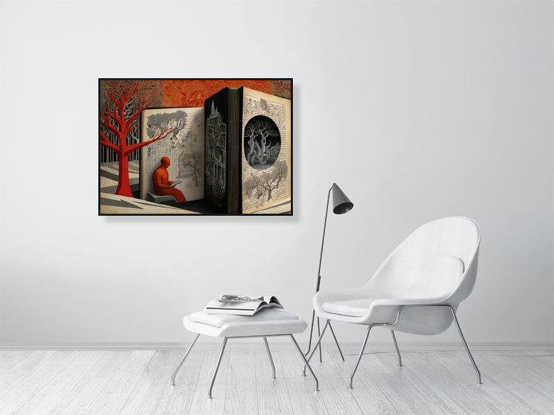 Fragments Of The Orange Labyrinth - Ethereal Library by Marina Sable – Giclée Print, 94cm x 167cm, 36.9in x 65.7in, Print Only, placed above a sleek desk in a modern workspace