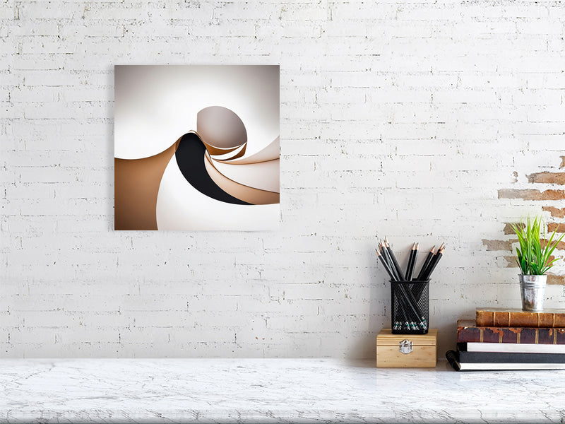 Golden Lumina - Spiral Interlude by Lucas Vale – Giclée Print, 50cm x 50cm, 19.7in x 19.7in, Black Frame, placed above a sleek desk in a modern workspace