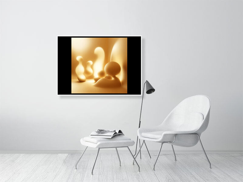 Golden Lumina - Golden Echoes by Lucas Vale – Giclée Print, 50cm x 50cm, 19.7in x 19.7in, Oak Frame, placed above a sleek desk in a modern workspace