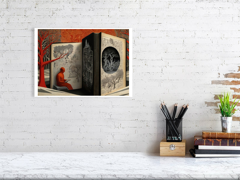 Fragments Of The Orange Labyrinth - Ethereal Library by Marina Sable – Giclée Print, 59cm x 84cm, 23.4in x 33.1in, Print Only, placed above a sleek desk in a modern workspace