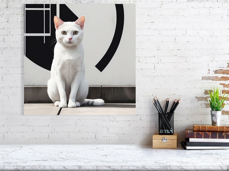 The Tale Of A Cat - Pt 1 - Gaze Of Simplicity by Elena Selene – Giclée Print, 70cm x 100cm, 27.6in x 39.4in, Black Frame, placed above a sleek desk in a modern workspace