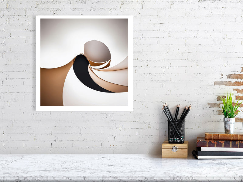Golden Lumina - Spiral Interlude by Lucas Vale – Giclée Print, 95cm x 98cm, 37.4in x 38.6in, Print Only, placed above a sleek desk in a modern workspace