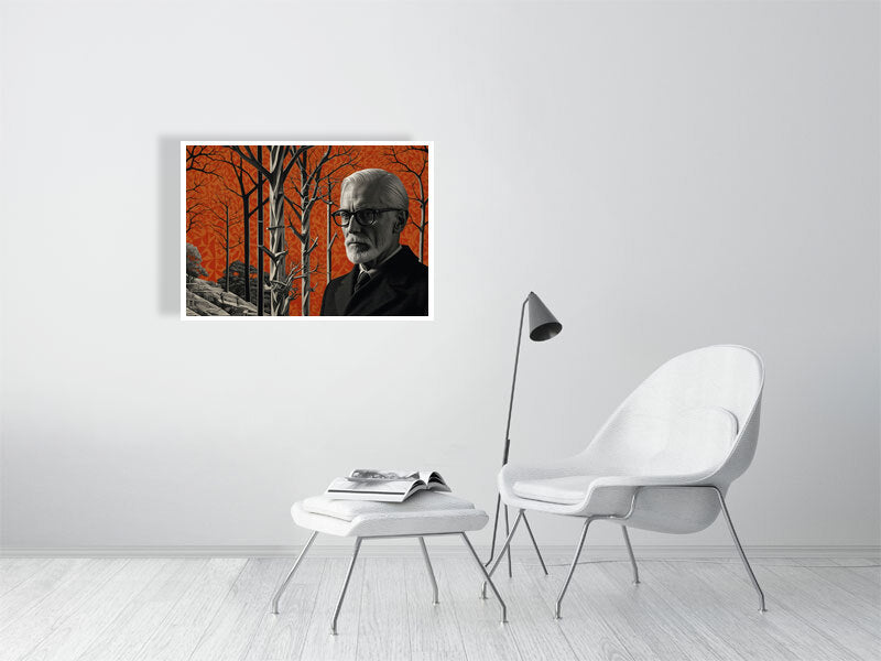 Fragments Of The Orange Labyrinth - The Watchful Grove by Marina Sable – Giclée Print, 30cm x 53cm, 11.8in x 21.0in, Print Only, placed above a sleek desk in a modern workspace