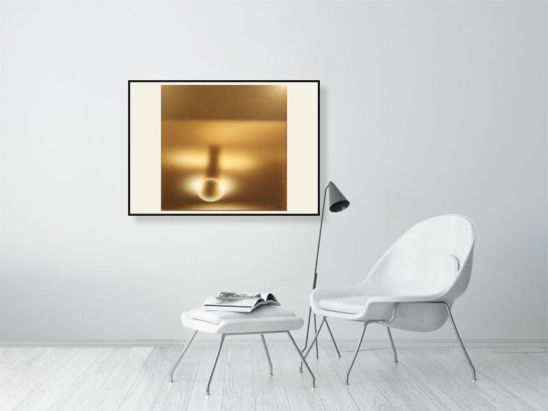 Golden Lumina - Radiant Horizon by Lucas Vale – Giclée Print, 30cm x 30cm, 11.8in x 11.8in, Print Only, placed above a sleek desk in a modern workspace