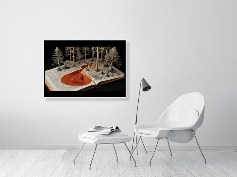 Fragments Of The Orange Labyrinth - Tales Of The Grove by Marina Sable – Giclée Print, 60cm x 80cm, 23.8in x 31.5in, Black Frame, placed above a sleek desk in a modern workspace