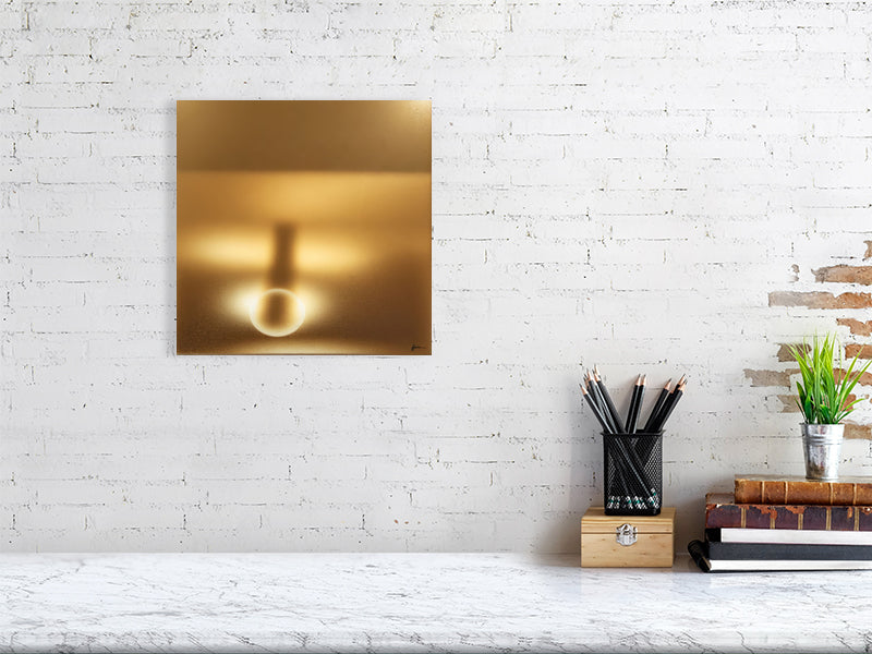 Golden Lumina - Radiant Horizon by Lucas Vale – Giclée Print, 50cm x 50cm, 19.7in x 19.7in, Black Frame, placed above a sleek desk in a modern workspace