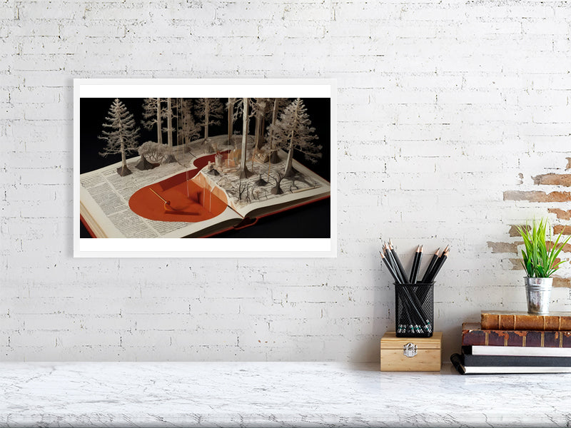 Fragments Of The Orange Labyrinth - Tales Of The Grove by Marina Sable – Giclée Print, 56cm x 100cm, 22.1in x 39.4in, Print Only, placed above a sleek desk in a modern workspace