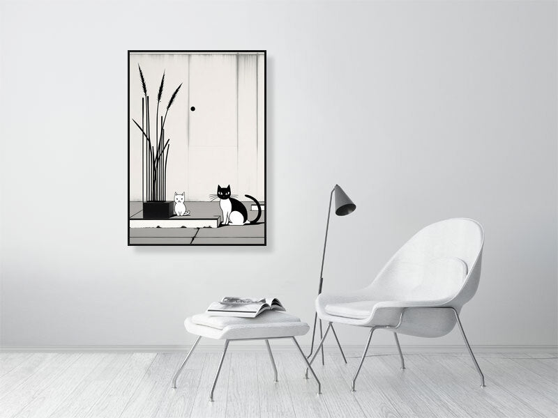 The Tale Of A Cat - Pt 1 - Companions In Stillness by Elena Selene – Giclée Print, 100cm x 100cm, 39.4in x 39.4in, Print Only, placed above a sleek desk in a modern workspace