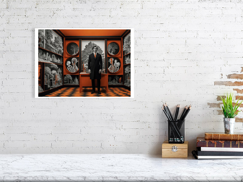 Fragments Of The Orange Labyrinth - Harbinger'S Study by Marina Sable – Giclée Print, 59cm x 84cm, 23.4in x 33.1in, Print Only, placed above a sleek desk in a modern workspace