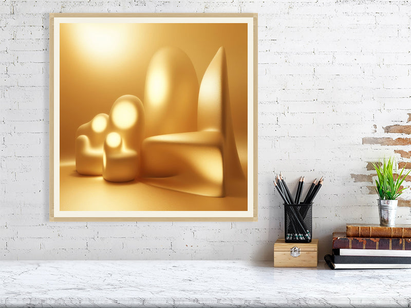 Golden Lumina - Luminous Haven by Lucas Vale – Giclée Print, 50cm x 50cm, 19.7in x 19.7in, Oak Frame, placed above a sleek desk in a modern workspace