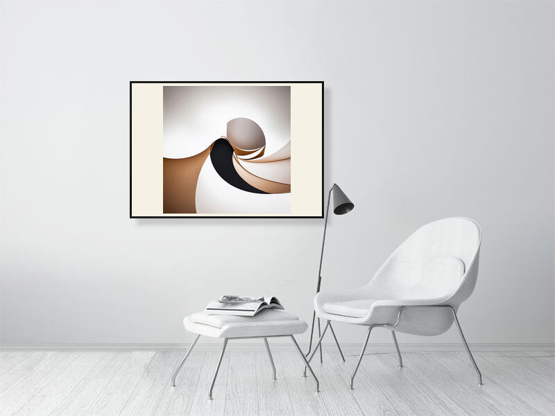 Golden Lumina - Spiral Interlude by Lucas Vale – Giclée Print, 30cm x 30cm, 11.8in x 11.8in, Print Only, placed above a sleek desk in a modern workspace