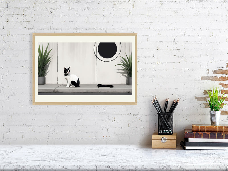 The Tale Of A Cat - Pt 1 - Quiet Patterns by Elena Selene – Giclée Print, 40cm x 60cm, 15.8in x 23.6in, Print Only, placed above a sleek desk in a modern workspace