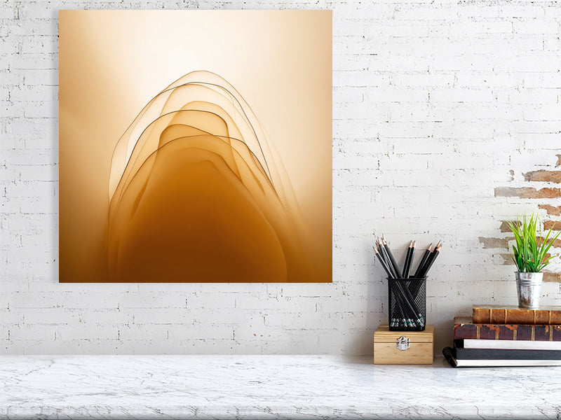 Golden Lumina - Golden Layers by Lucas Vale – Giclée Print, 50cm x 50cm, 19.7in x 19.7in, Black Frame, placed above a sleek desk in a modern workspace