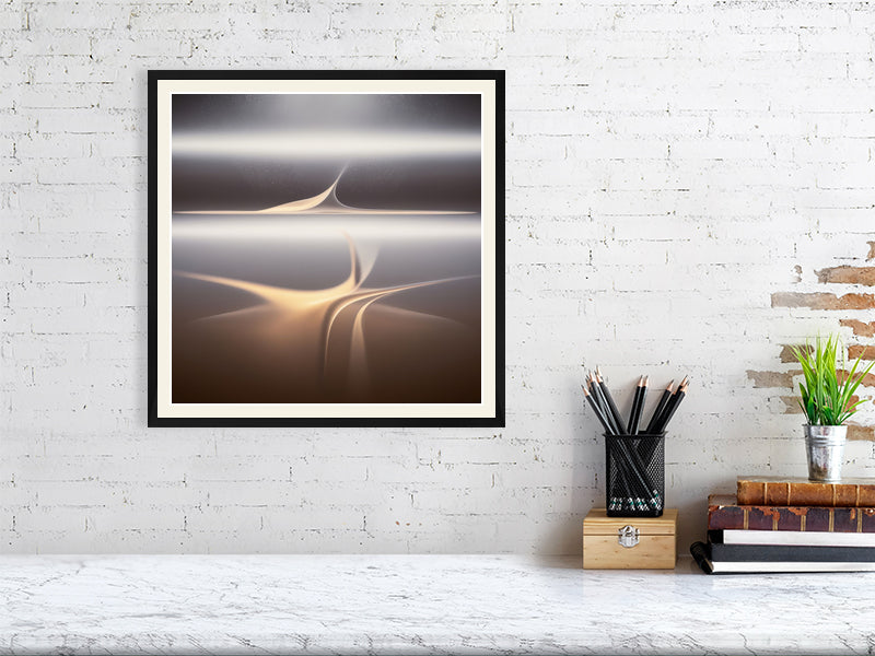 Golden Lumina - Veil Of Light by Lucas Vale – Giclée Print, 50cm x 50cm, 19.7in x 19.7in, Print Only, placed above a sleek desk in a modern workspace