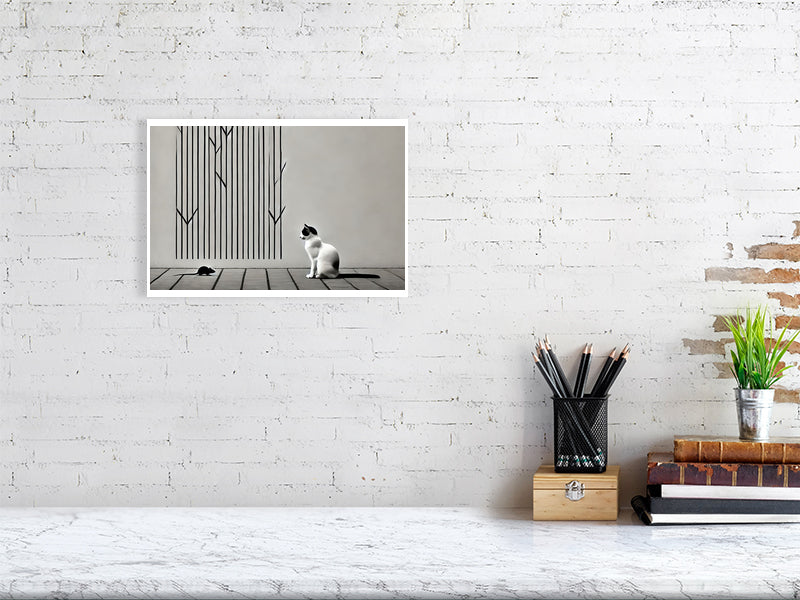 The Tale Of A Cat - Pt 1 - Silent Observer by Elena Selene – Giclée Print, 32cm x 40cm, 12.4in x 15.8in, Print Only, placed above a sleek desk in a modern workspace