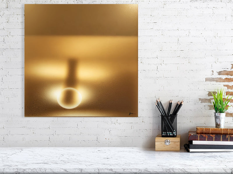 Golden Lumina - Radiant Horizon by Lucas Vale – Giclée Print, 40cm x 40cm, 15.8in x 15.8in, Black Frame, placed above a sleek desk in a modern workspace