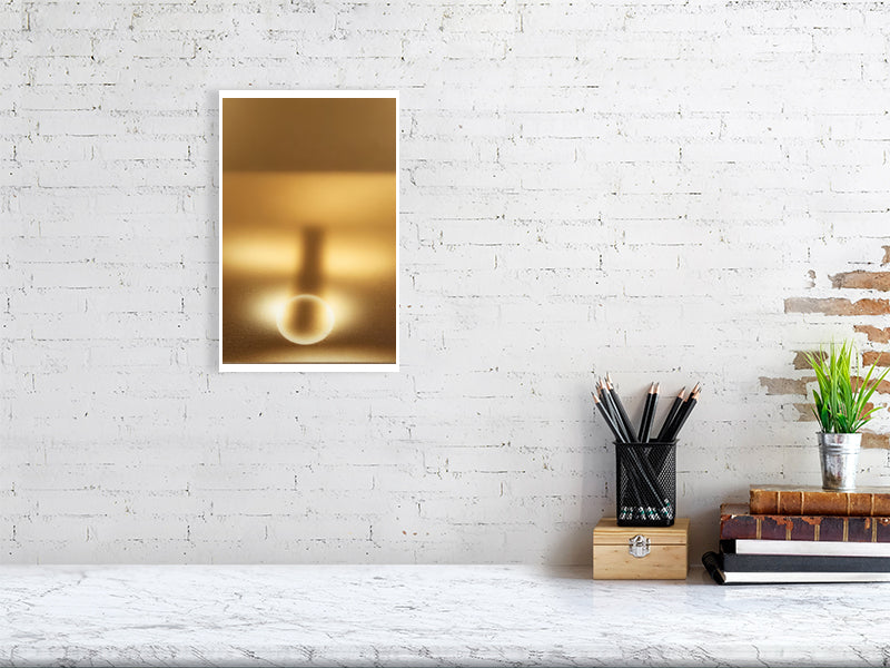 Golden Lumina - Radiant Horizon by Lucas Vale – Giclée Print, 31cm x 41cm, 12.1in x 16.1in, Print Only, placed above a sleek desk in a modern workspace